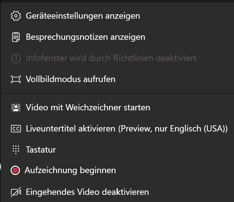 Menü in Microsoft Teams in einem Online-Meeting