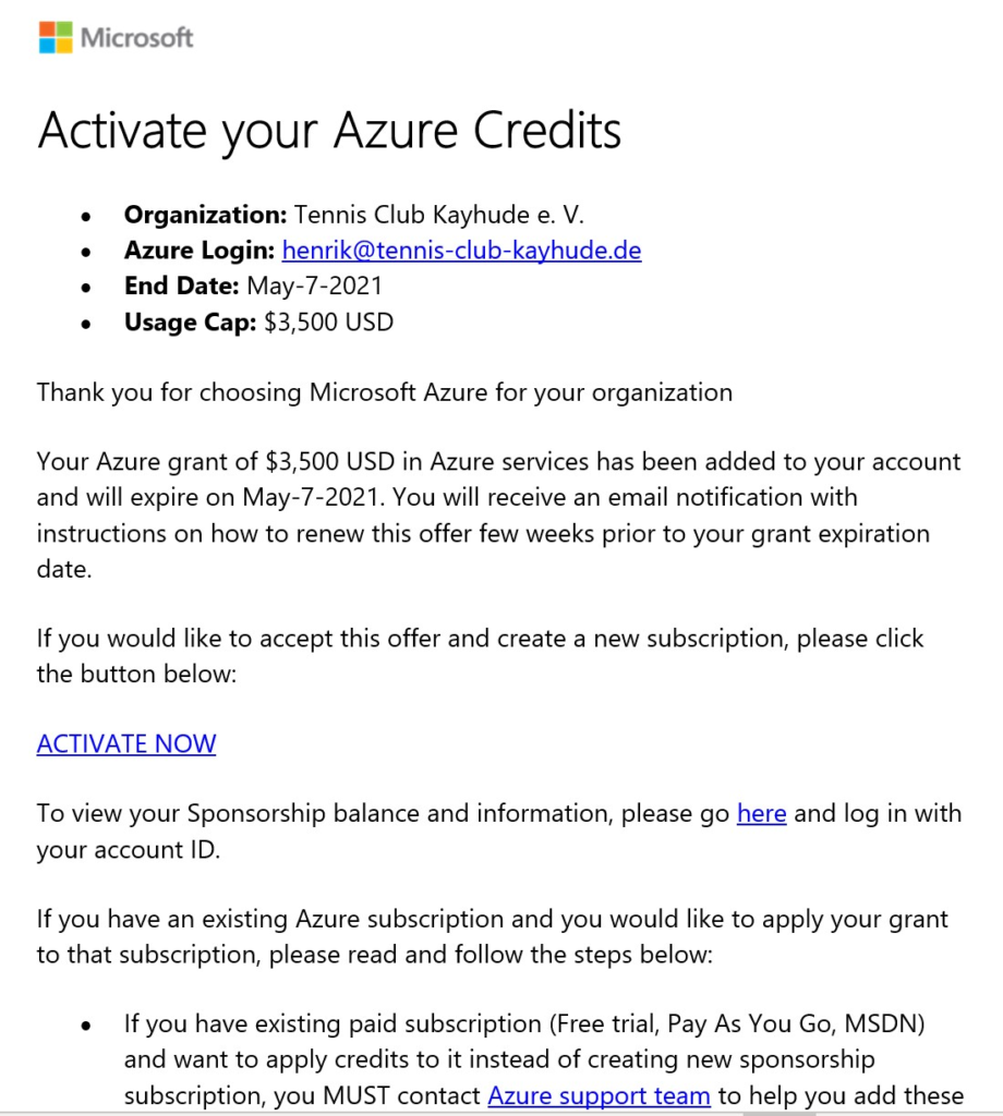 Azure für Vereine ist kostenlos - Credits aktivieren