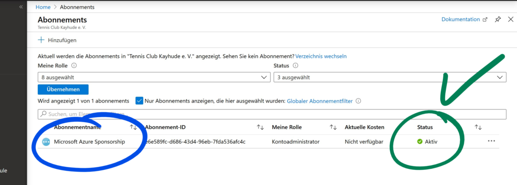Azure für Vereine ist kostenlos - Übersicht der Subscriptions