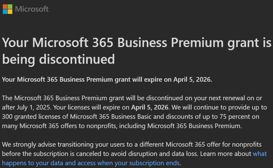 mportant Notice: Discontinuation of Your Microsoft 365 Business Premium Grant